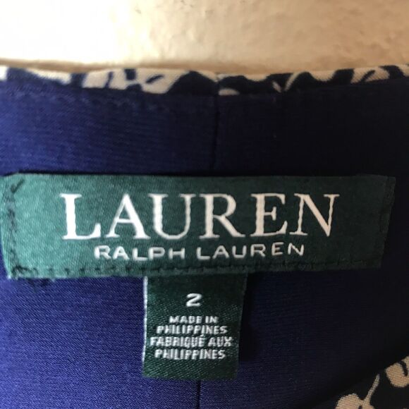 Lauren Ralph Lauren Woman's Short Sleeve Ruched Navy and Beige Dress Size 2 - Picture 7 of 9